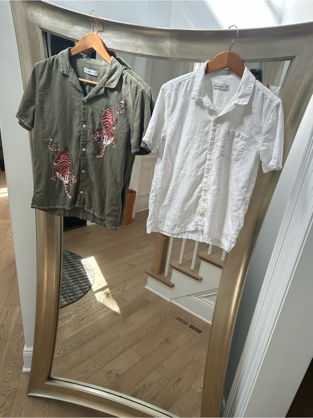 abercrombie kids olive shirt with tiger and all white shirt, no embroidery.